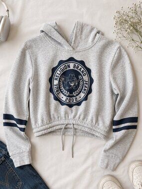 True Religion Cropped Hoodie Gray Navy Logo Graphic Y2K Streetwear Sweatshirt, S